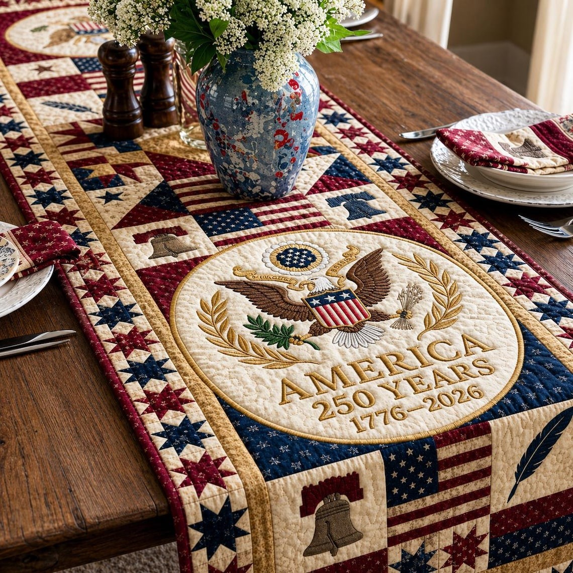 USA 250th Anniversary Patriotic Table Runner for Dining Room Home Decor
