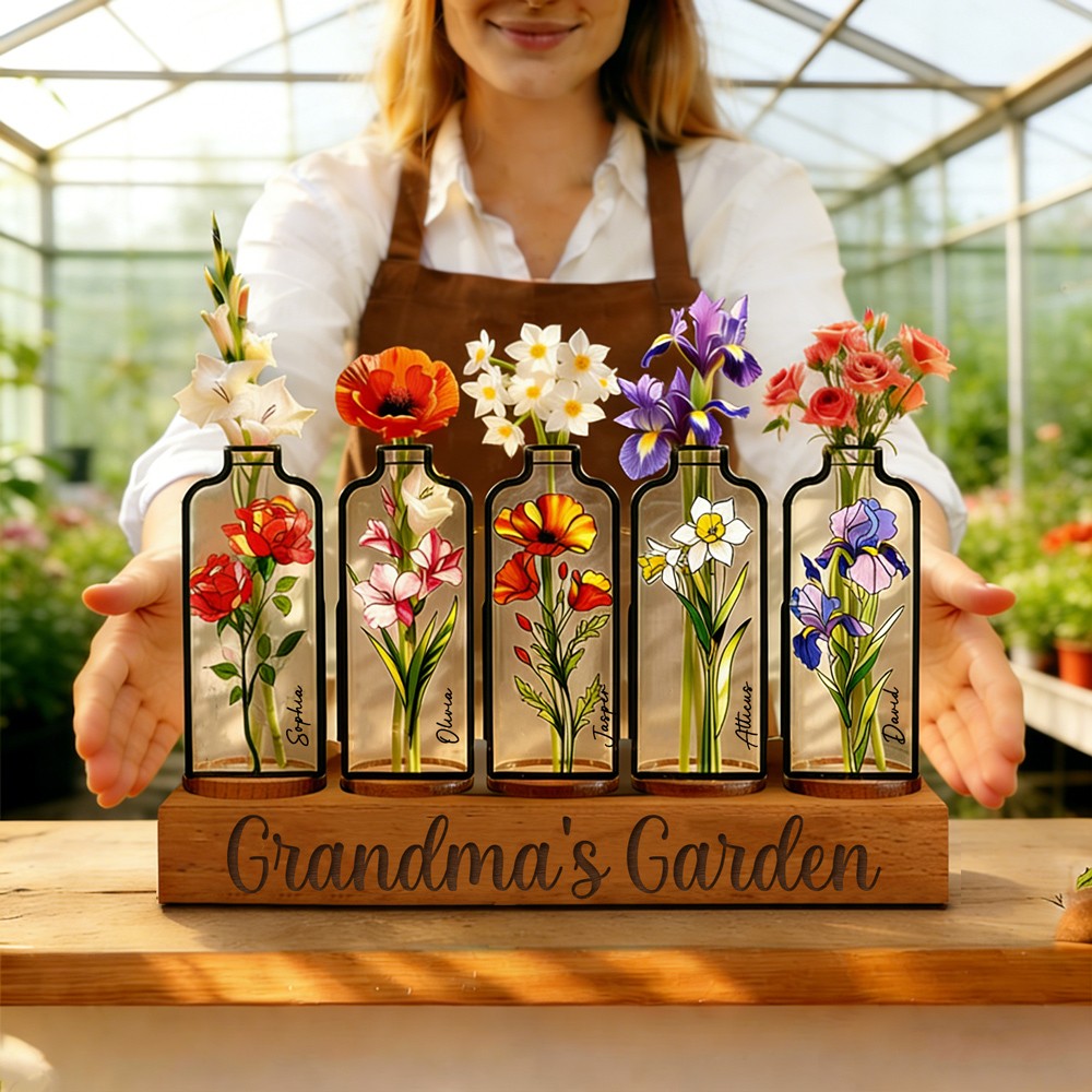 Personalized Grandma's Garden Stained Glass Birth Month Flower Vase With Grandkids Name Thoughtful Gifts For Mom Grandma