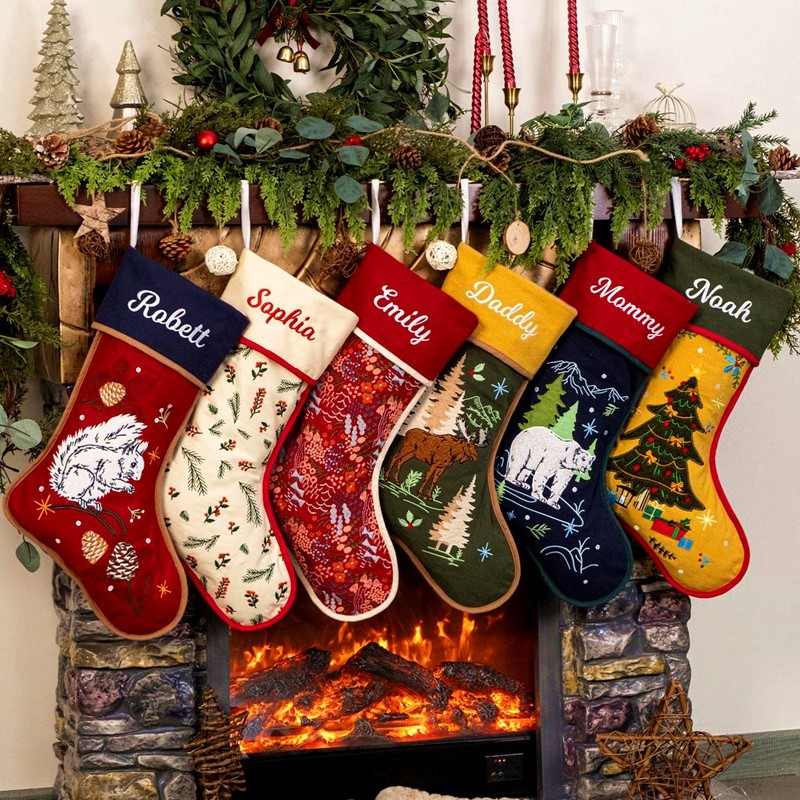 Personalized Embroidered Name Rustic Christmas Stockings With Hemmed Edges for Family Xmas Decor