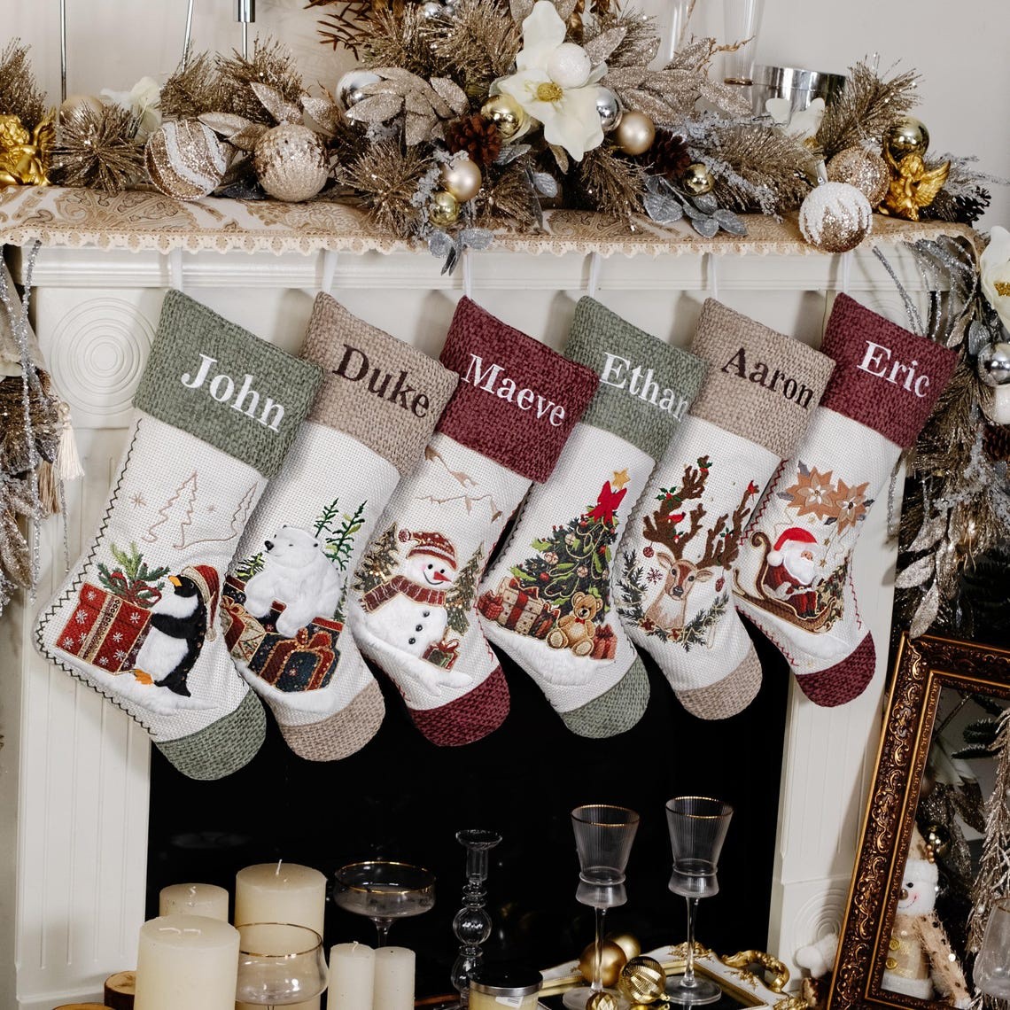 Personalized Embroidered Name Luxury Vintage Christmas Stockings with Name for Holiday Family Decoration