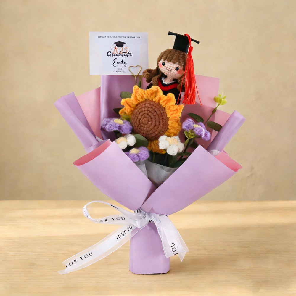 Handmade Crochet Graduation Bouquet with Knitted Graduate Doll Personalized Keepsake Gift