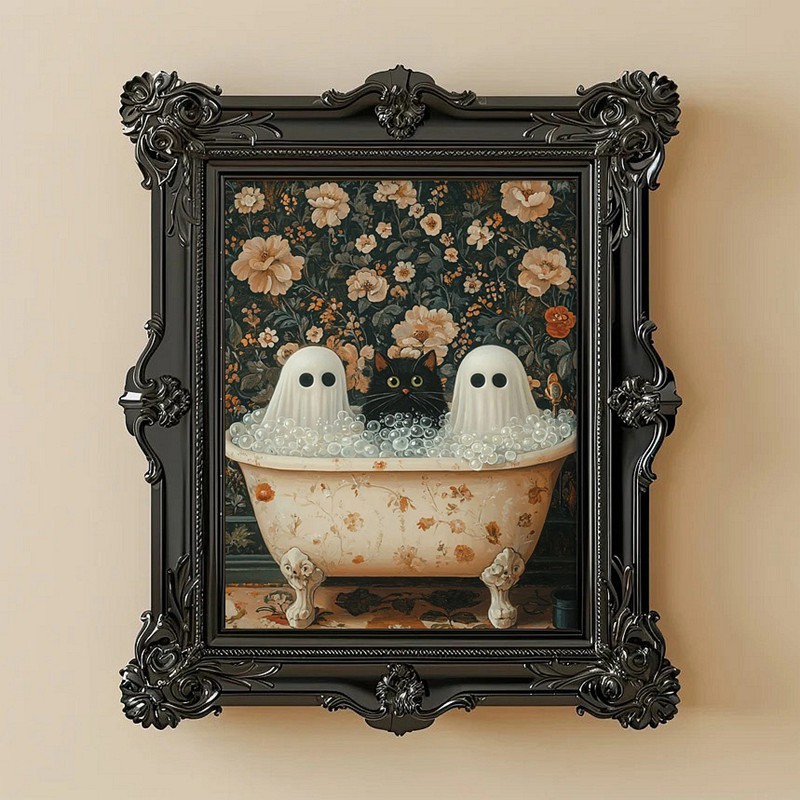 Halloween Ghosts and Cat in Bathtub Art Frame Halloween Decor