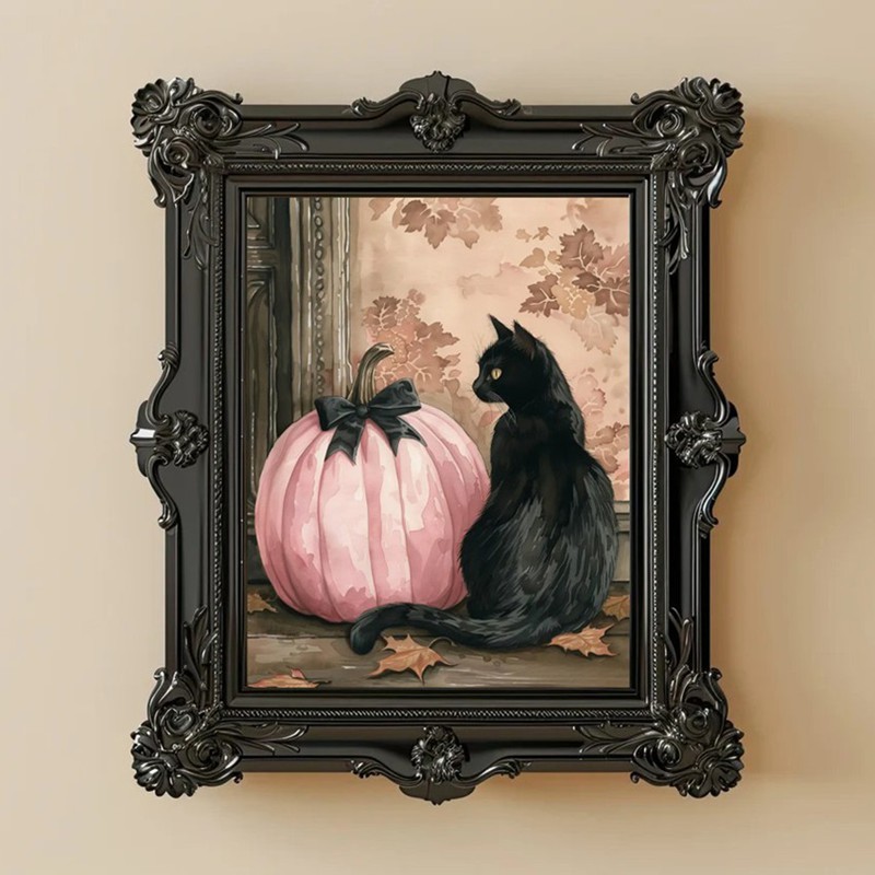 Halloween Coquette Black Cat and Pink Pumpkin Vintage Style Art Frame Halloween Decor