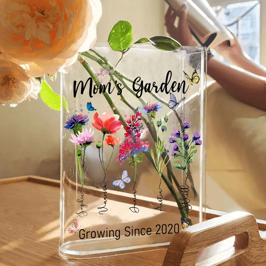 Personalized Mom's Garden Birth Month Flower Acrylic Book Vase With Kids Name Thoughtful Gifts For Mom Grandma