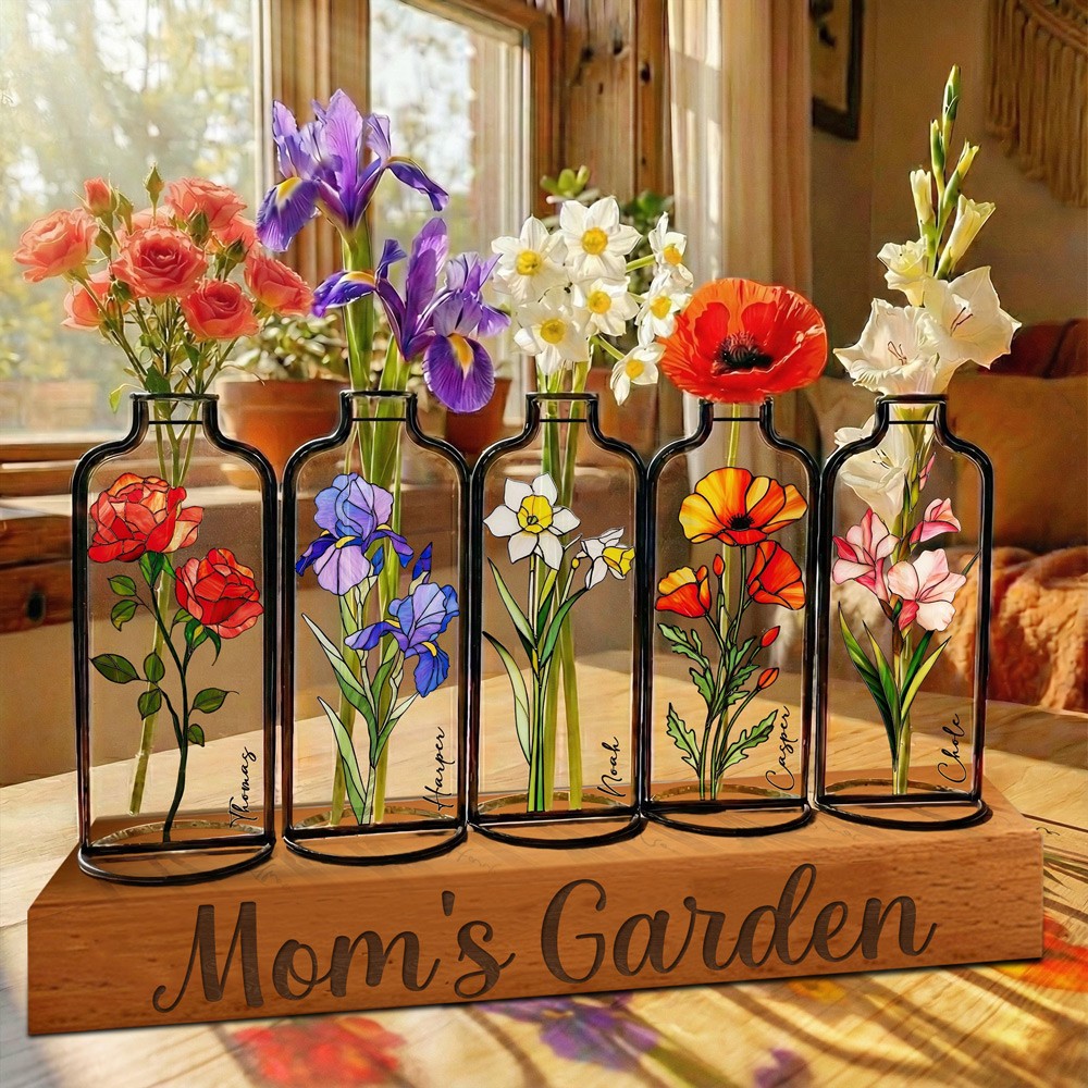 Personalized Mom's Garden Stained Glass Birth Month Flower Vase With Kids Name Thoughtful Gifts For Mom Grandma