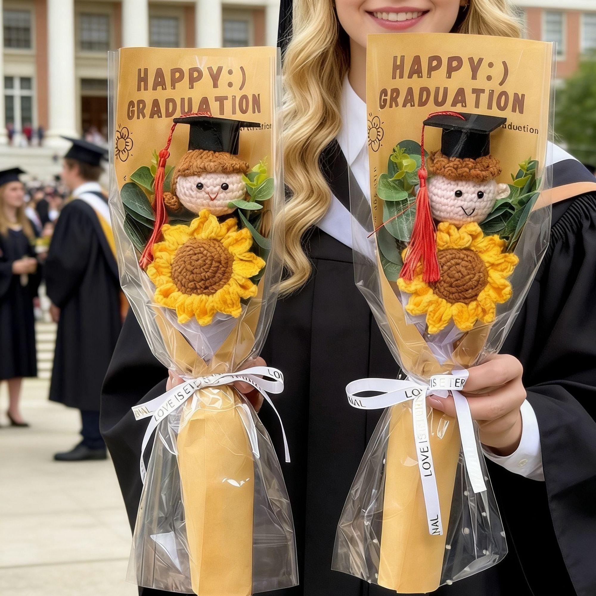 Handmade Crochet Graduation Bouquet with Knitted Graduate Doll Personalized Keepsake Gift