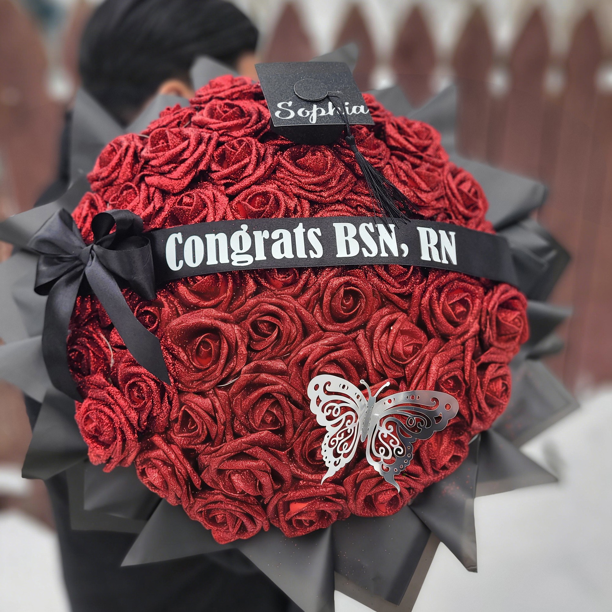 Glitter Roses Graduation Bouquet: Personalized Class of 2026 Gift