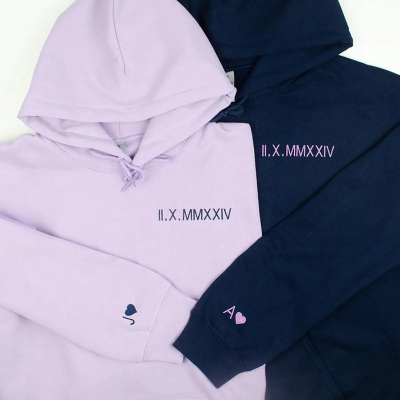 Personalized Embroidered Roman Numeral Anniversary Date Couple Hoodie