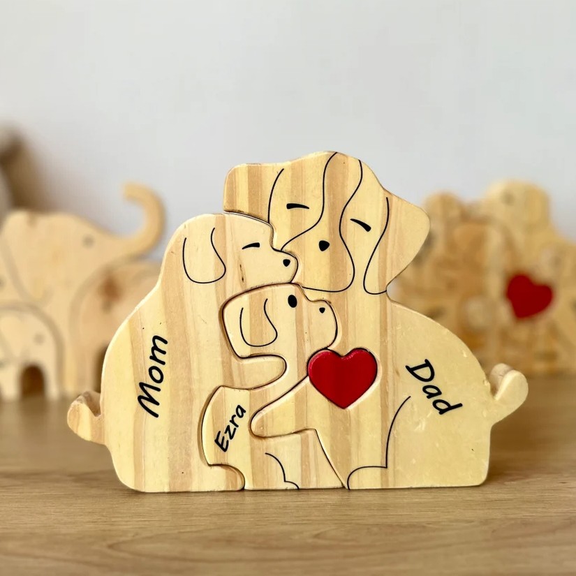 Personalized Wooden Dog Family Puzzle with Family Names