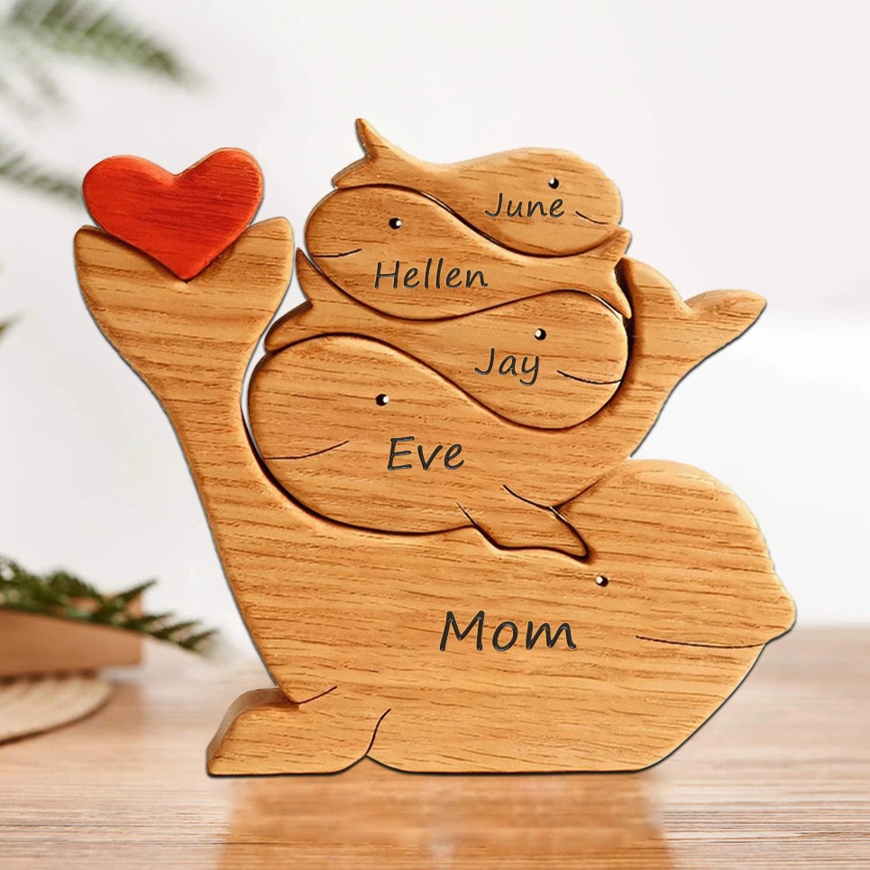 Personalized Wooden Whale Family Puzzle with Family Names