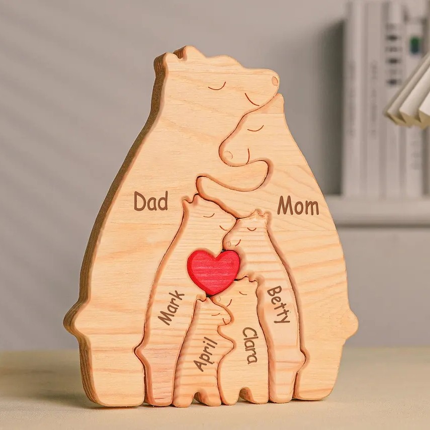 Personalized Wooden Bear Family Puzzle with Family Names