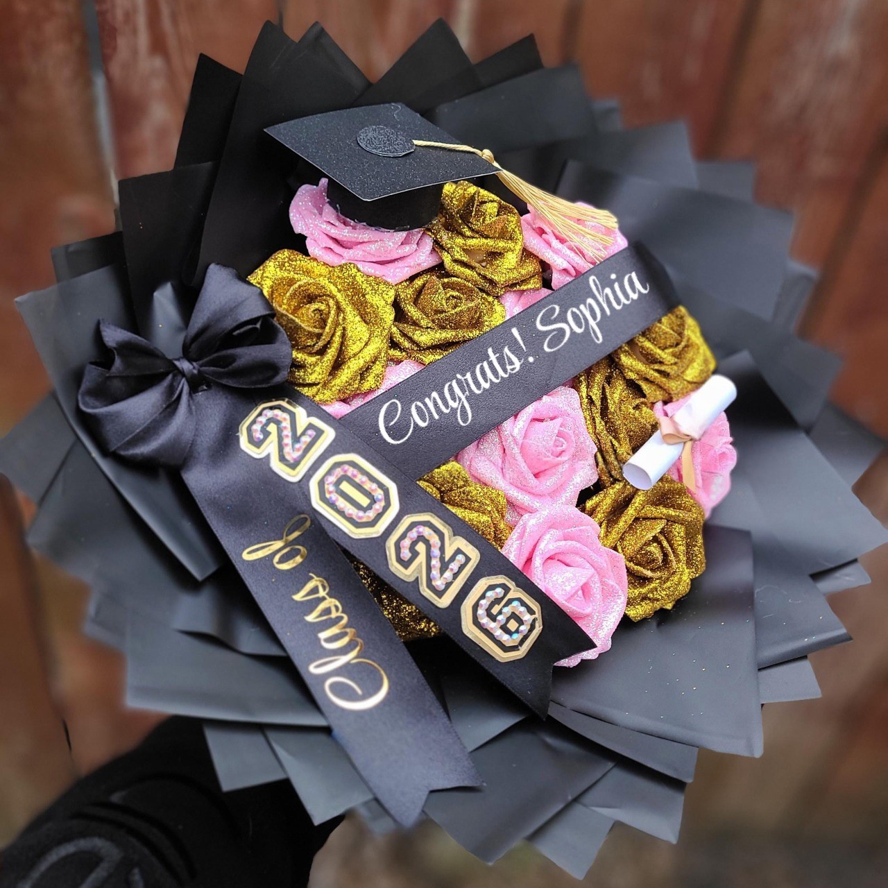 Glitter Roses Graduation Bouquet: Personalized Class of 2026 Gift