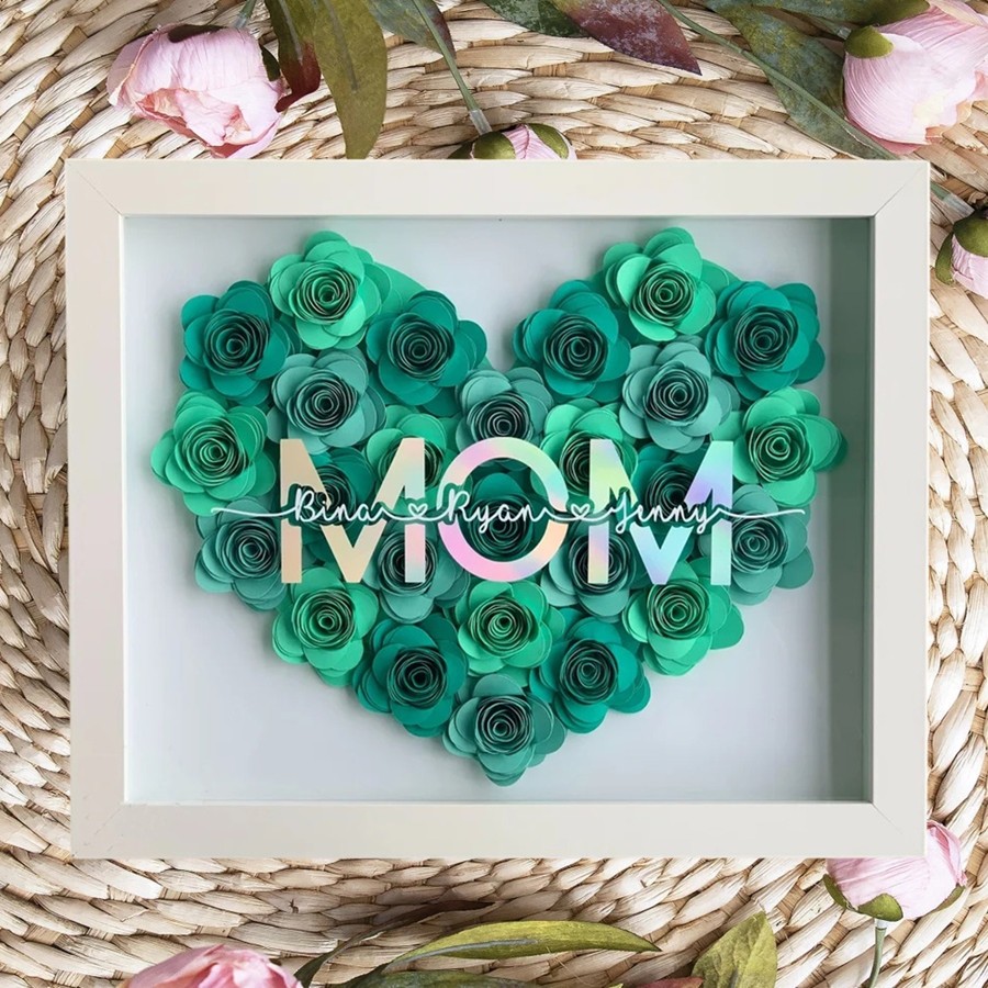 Mom Heart Shaped Monogram Flower Shadow Box Gift For Mothers