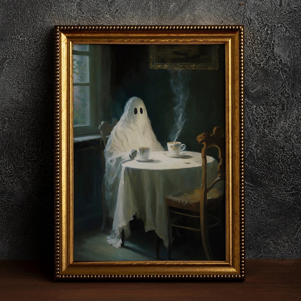 Halloween Ghost Drinking Tea Vintage Style Art Frame Halloween Decor