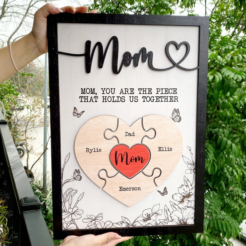 Personalized Mom Heart Puzzle Pieces Wooden Sign Custom Mom You Are The Piece That Holds Us Together Plaque
