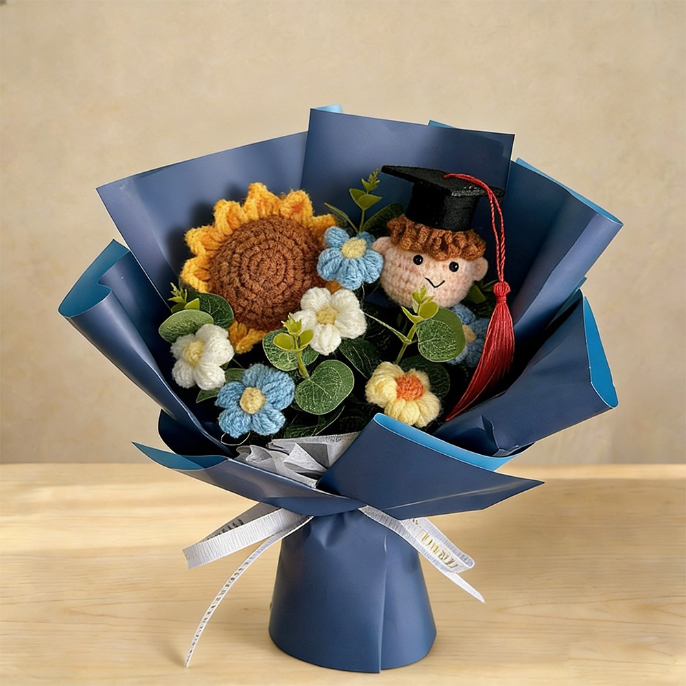 Handmade Crochet Graduation Bouquet with Knitted Graduate Plush Sunflower Keepsake Gift for Kids Graduates