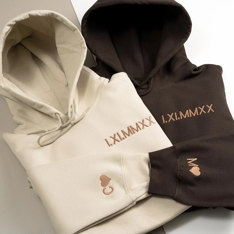 Personalized Embroidered Roman Numeral Anniversary Date Couple Hoodie