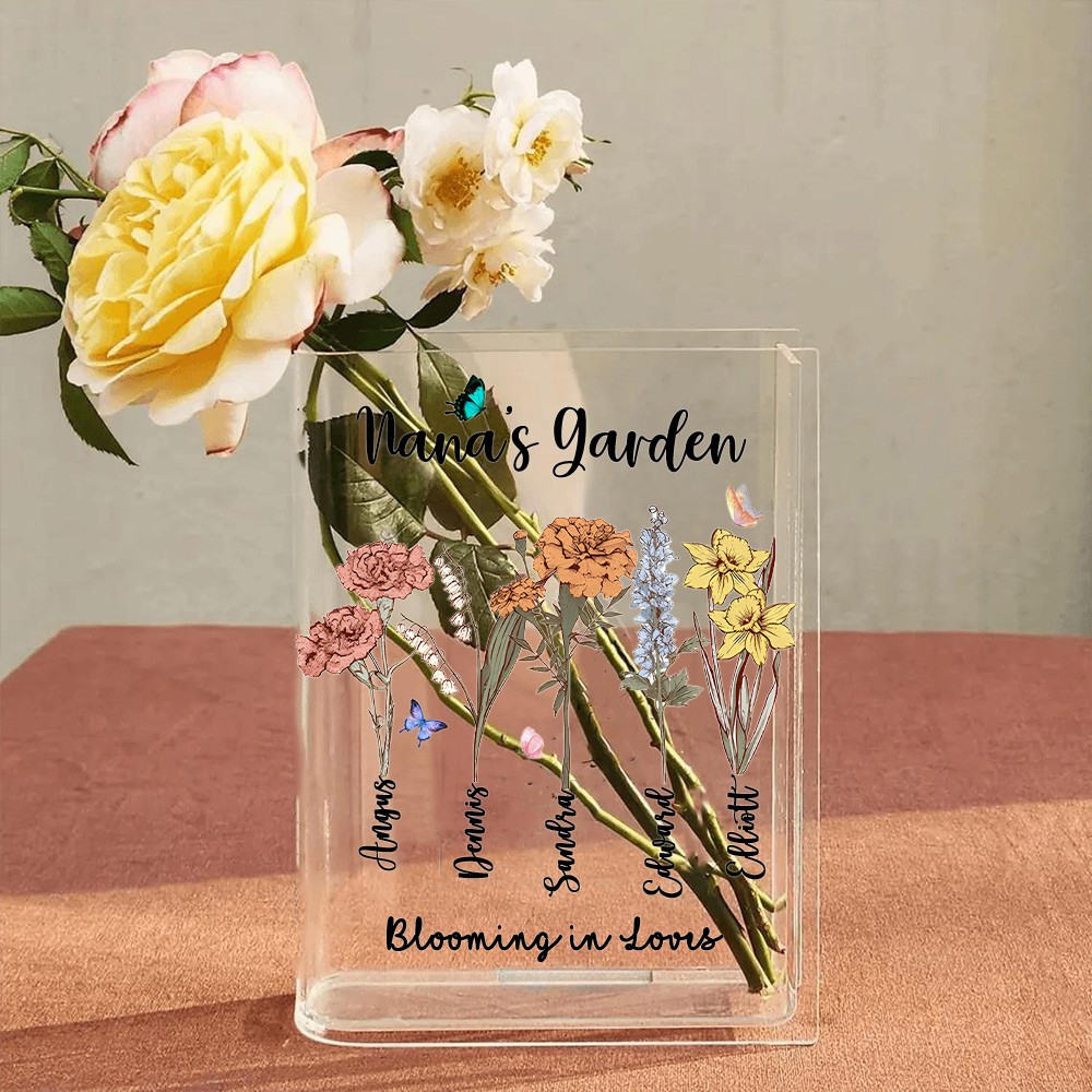 Personalized Nana's Garden Birth Month Flower Book Vase With Grandkids Name Keepsake Gifts For Mom Grandma