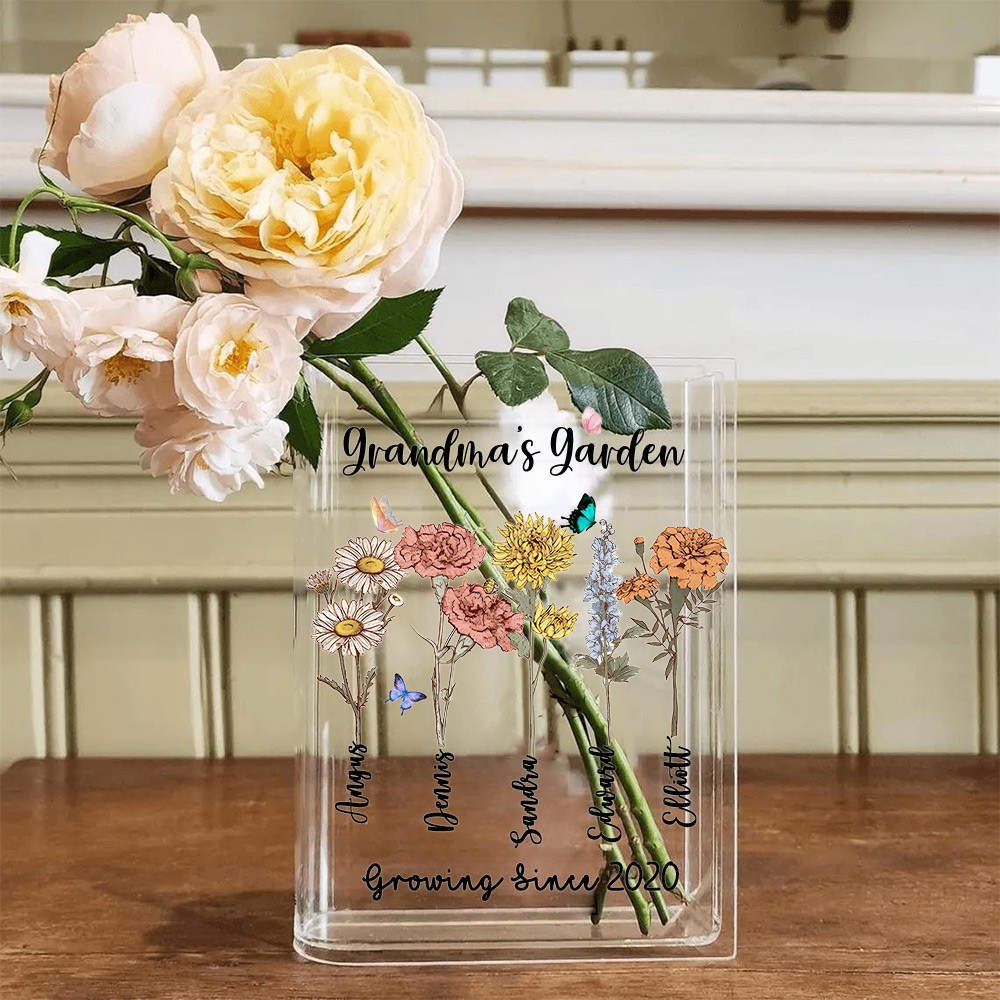 Personalized Grandma's Garden Birth Month Flower Book Vase With Grandkids Name Keepsake Gifts For Mom Grandma