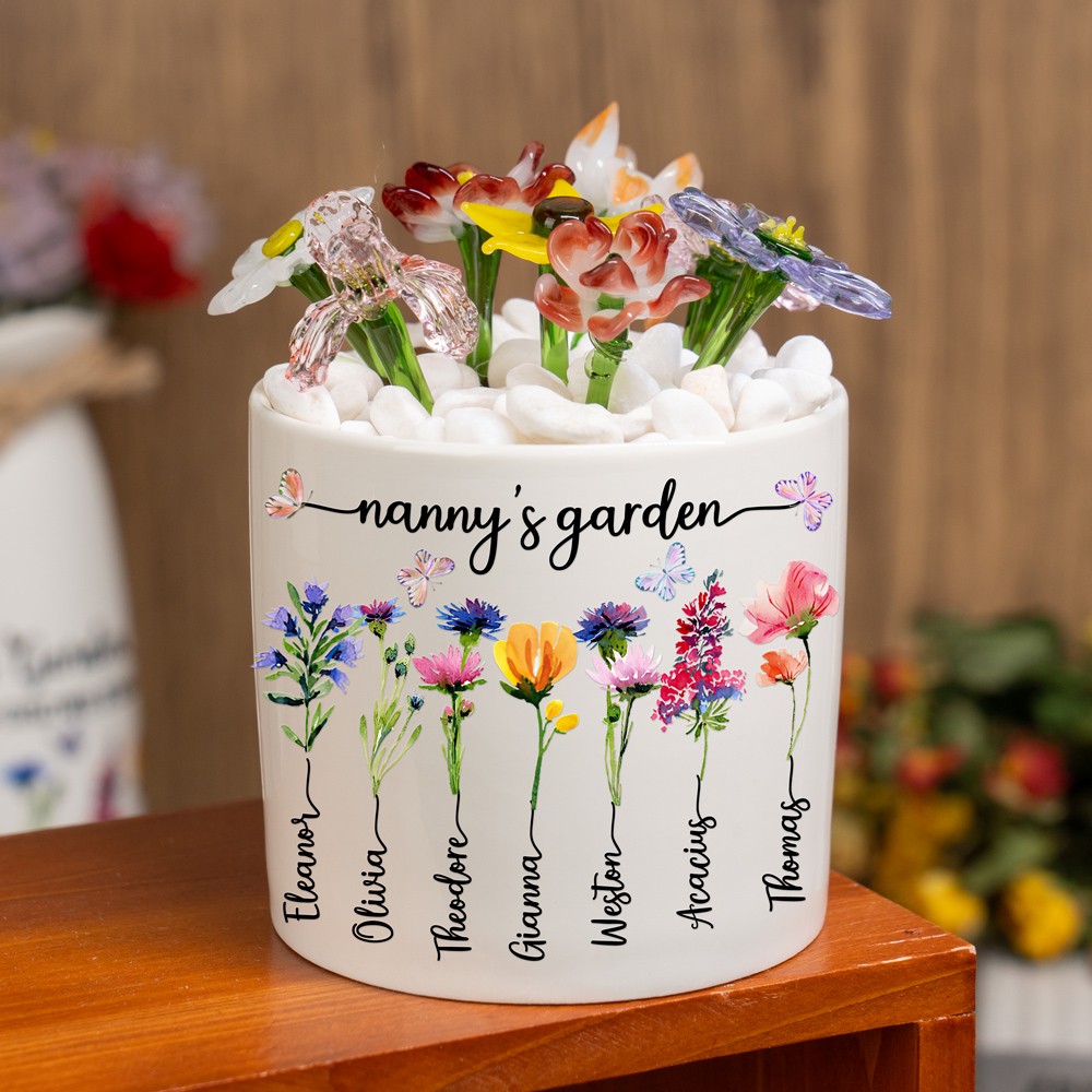 Personalized Nanny's Garden Birth Flower Pot with Grandkids Names Keepsake Gifts for Grandma Mom Christmas Gift