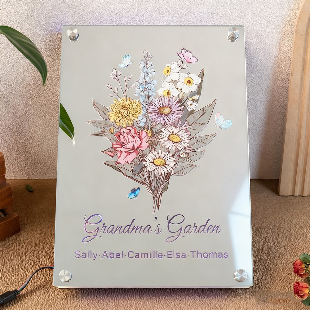 Personalized Grandma's Garden Birth Flower Mirror Light with Grandkids Names Keepsake Gifts for Grandma Mom Christmas Gift