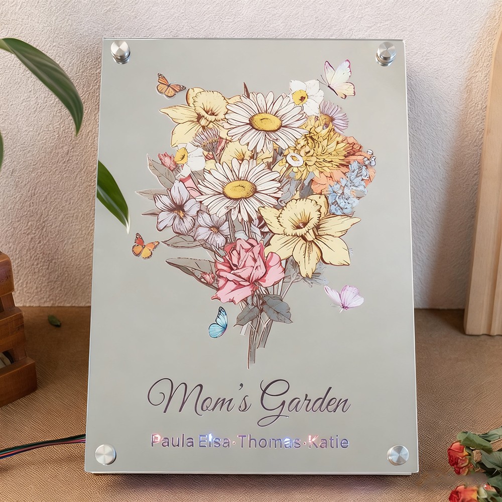 Personalized Mom's Garden Birth Flower Mirror Light with Kids Names Keepsake Gifts for Grandma Mom Christmas Gift