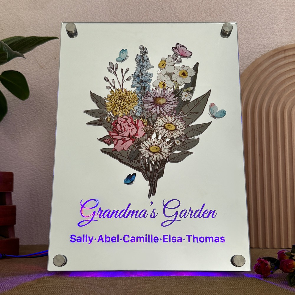 Personalized Grandma's Garden Birth Flower Mirror Light with Grandkids Names Keepsake Gifts for Grandma Mom Christmas Gift
