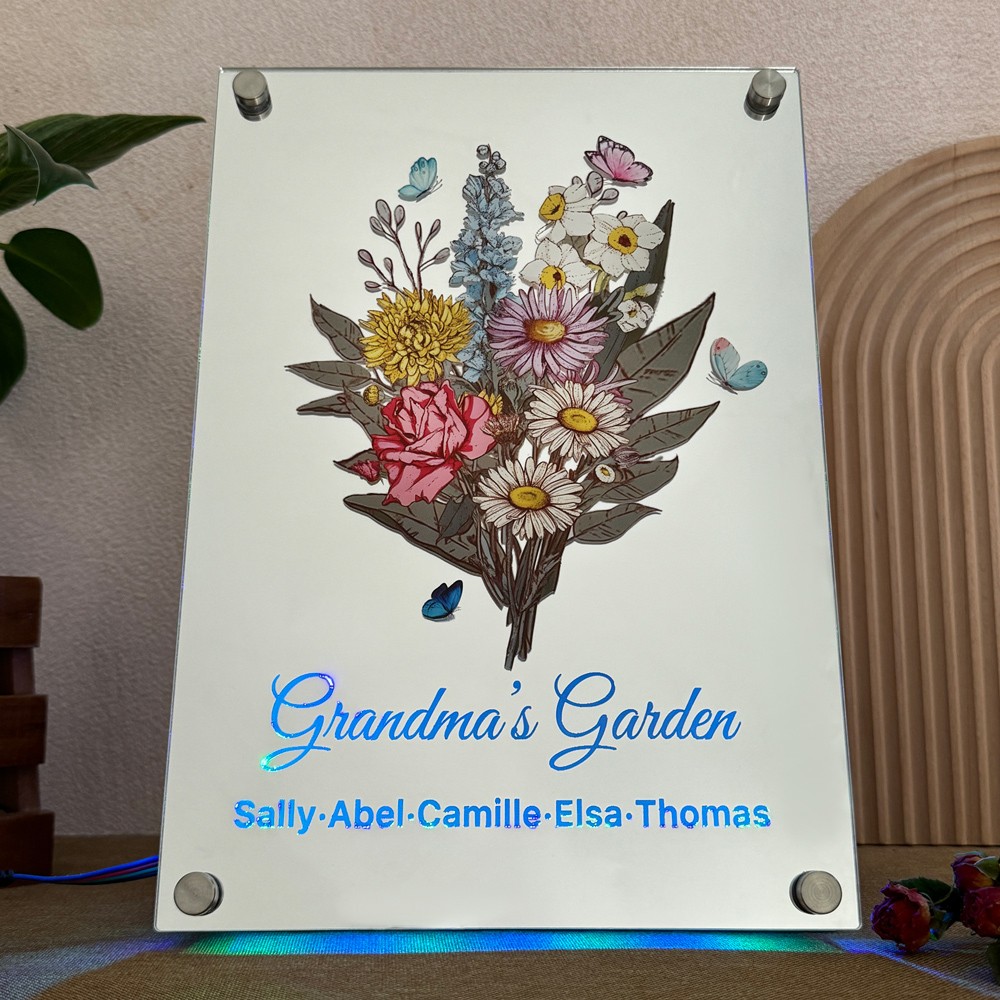 Personalized Grandma's Garden Birth Flower Mirror Light with Grandkids Names Keepsake Gifts for Grandma Mom Christmas Gift