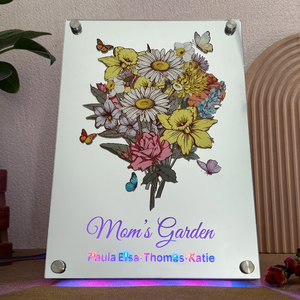 Personalized Mom's Garden Birth Flower Mirror Light with Kids Names Keepsake Gifts for Grandma Mom Christmas Gift