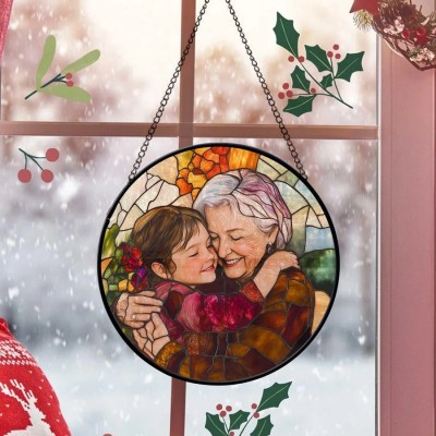 Personalized Grandma And Grandkids Portrait Faux Stained Glass Photo Family Window Hanging Ornament - Gift for Grandma