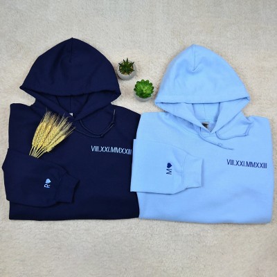Personalized Embroidered Roman Numeral Anniversary Date Couple Hoodie