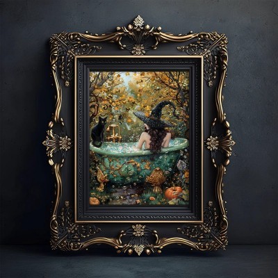 Halloween Witch in Garden Bathtub Vintage Style Art Frame Halloween Decor