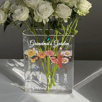 Personalized Grandma's Garden Birth Month Flower Book Vase With Grandkids Name Keepsake Gifts For Mom Grandma