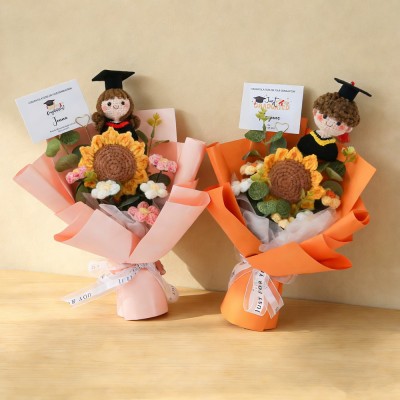 Handmade Crochet Graduation Bouquet with Knitted Graduate Doll Personalized Keepsake Gift