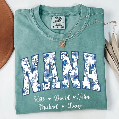 Personalized Nana Comfort Colors Shirt Dusty Blue Floral Grandma Mama Shirt With Kids Names