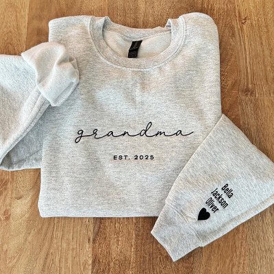 Custom Embroidered Mama Grandma Sweatshirt With Kids Names On Sleeve