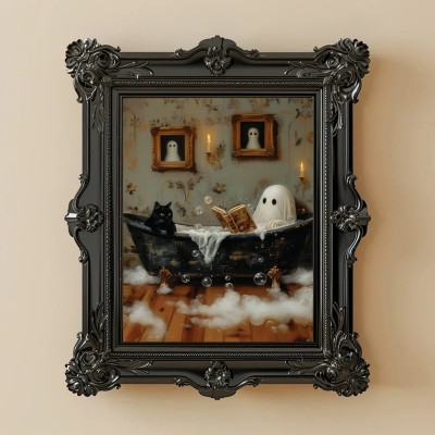 Halloween Ghost Reading Book in Bathtub Vintage Style Art Frame Halloween Decor