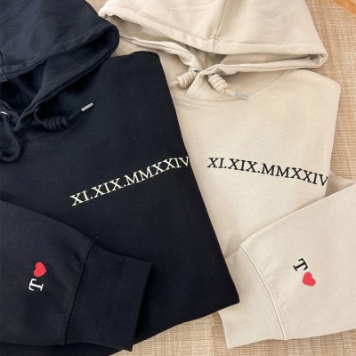 Personalized Embroidered Roman Numeral Anniversary Date Couple Hoodie