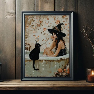 Halloween Pondering Witch in Bathtub Vintage Style Art Frame Halloween Decor