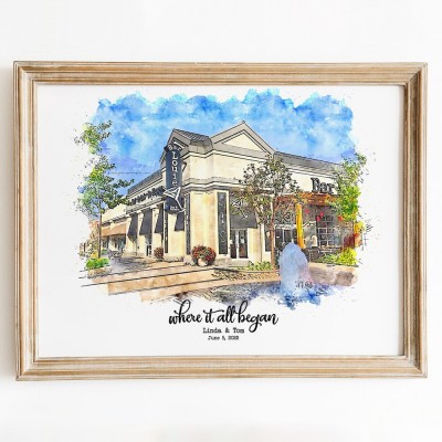 Custom Where We Met Watercolor Painting Sign Anniversary Gift for Couples