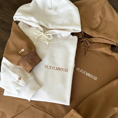 Personalized Embroidered Roman Numeral Anniversary Date Couple Hoodie