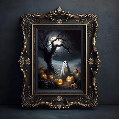 Halloween Ghost in the Pumpkin Field at Spooky Night Academia Vintage Style Art Frame Halloween Decor