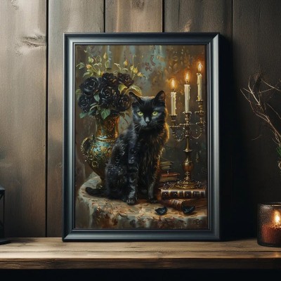 Halloween Gothic Black Roses and Black Cat Vintage Style Art Frame Halloween Decor