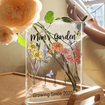 Personalized Mom's Garden Birth Month Flower Book Vase With Kids Name Keepsake Gifts For Mom Grandma