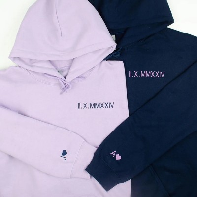 Personalized Embroidered Roman Numeral Anniversary Date Couple Hoodie