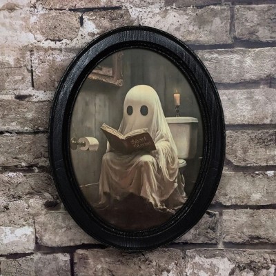 Vintage Ghost on Toilet Halloween Black Oval Wooden Frame Halloween Decor