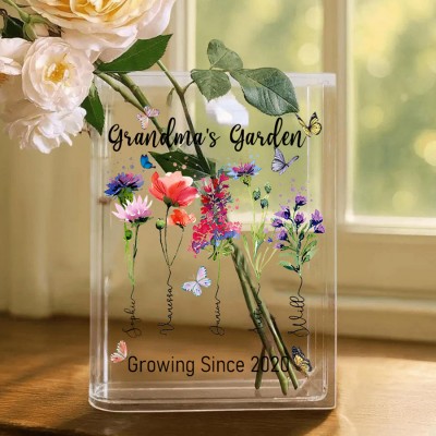 Personalized Grandma's Garden Birth Month Flower Acrylic Book Vase With Grandkids Name Meaningful Gifts For Mom Grandma