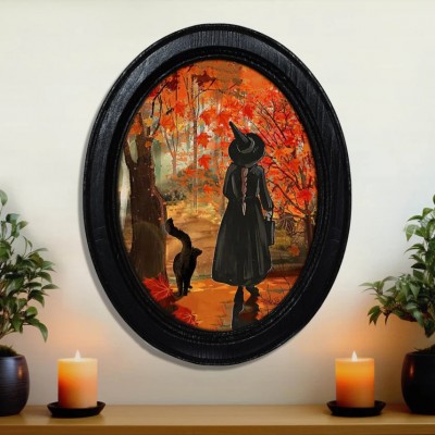 Witch Halloween Black Oval Wooden Frame Halloween Decor