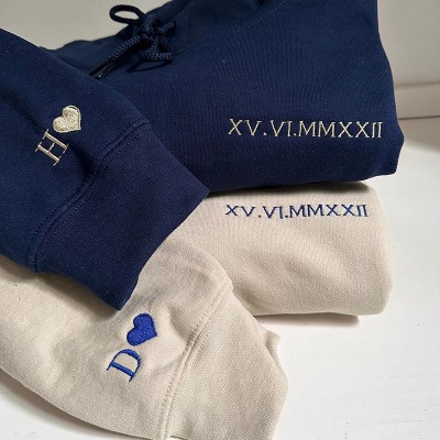 Personalized Embroidered Roman Numeral Anniversary Date Couple Hoodie