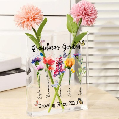 Personalized Grandma's Garden Birth Month Flower Acrylic Book Vase With Grandkids Name Meaningful Gifts For Mom Grandma